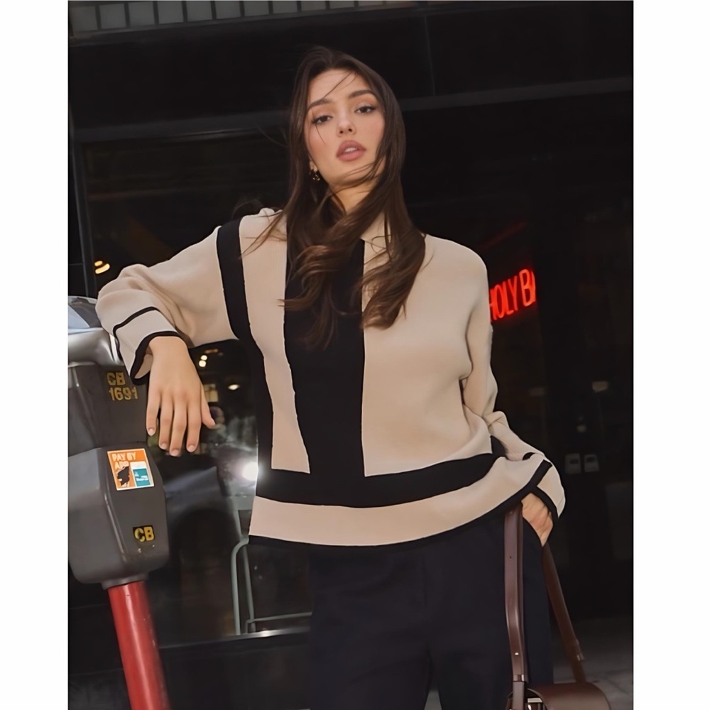 Beige and Black Asymmetrical Color Block Mock Neck Sweater with Side Splits